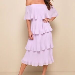 Lulus Gala Ready Lavender Off-the-Shoulder Ruffle Midi Dress